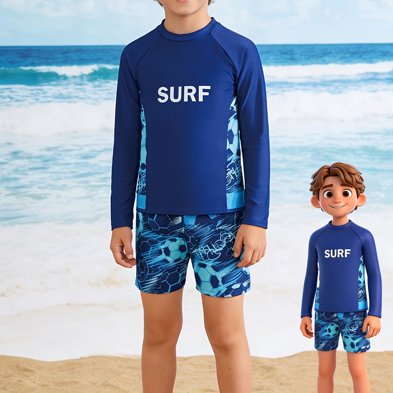 TEMU Boys' Long Sleeve Swimwear Set With Football Print - High Elasticity Fabric, Slim Fit Beach & Pool Swimwear For Spring/summer, Vibrant Design,