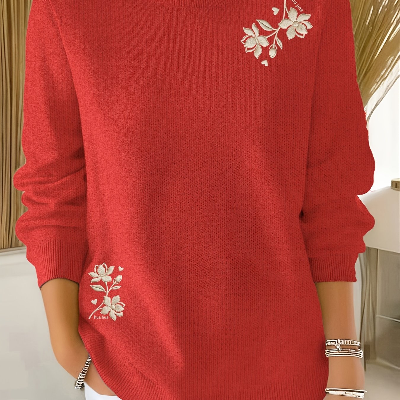 TEMU Printed Design – Non-textured Pattern Women' Round Neck Long Sleeve Sweater Soft For Knitwear Specialty Store - Only Long Sleeve Sweaters