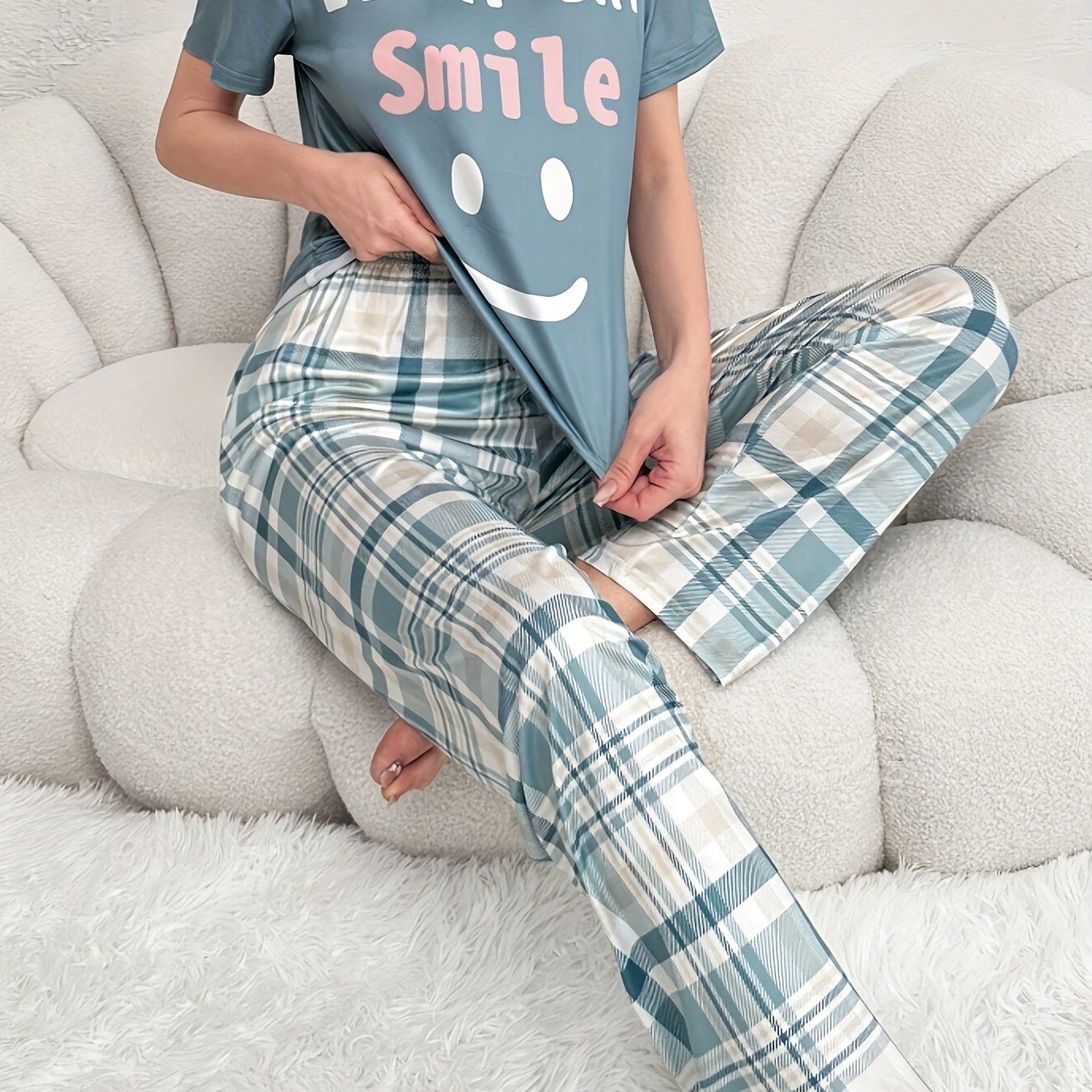 TEMU Women's Smiling Face & Slogan Print Casual Pajama Set, Short Sleeve Round Neck Top & Plaid Pants, Comfortable Relaxed Fit