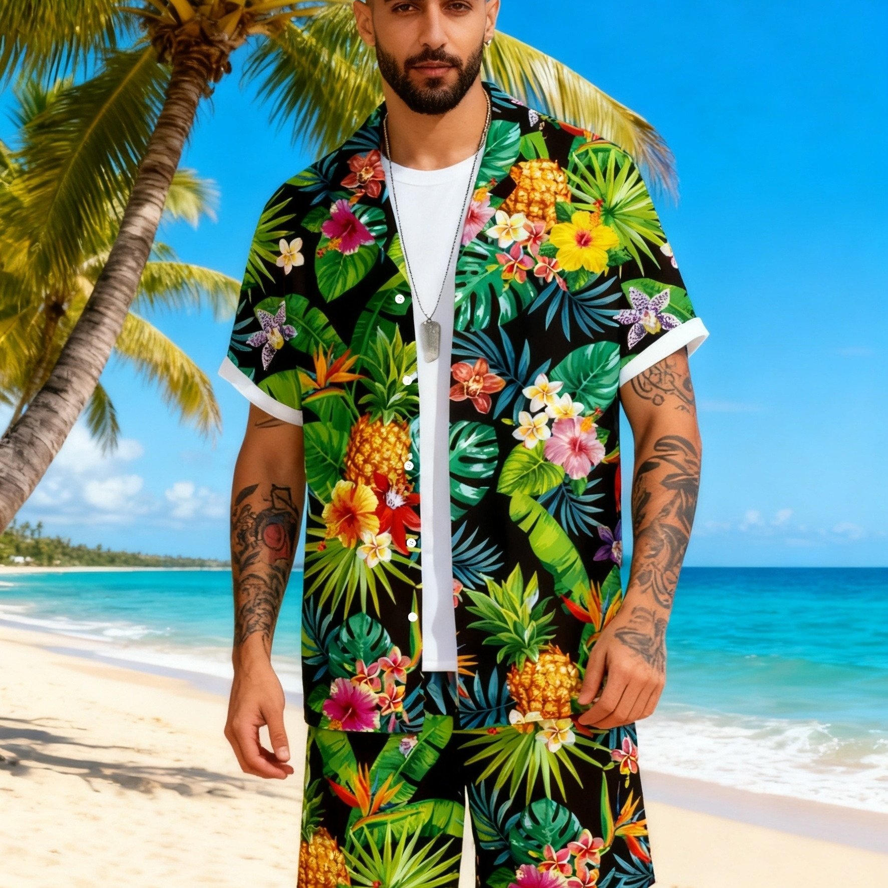 TEMU Men's Hawaiian Style Outfit, Summer Beach Attire Featuring A Shirt And Shorts, Perfect For Casual Sports