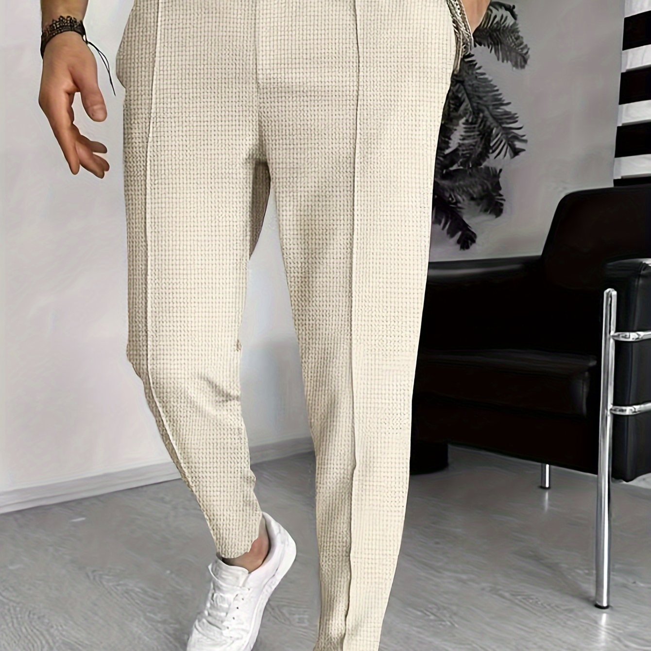 Waffle Solid Color Men's Outdoor Athletic Long Pants, Men's Spring Autumn Casual Trousers, Drawstring Athletic Pants, Jogging Trousers