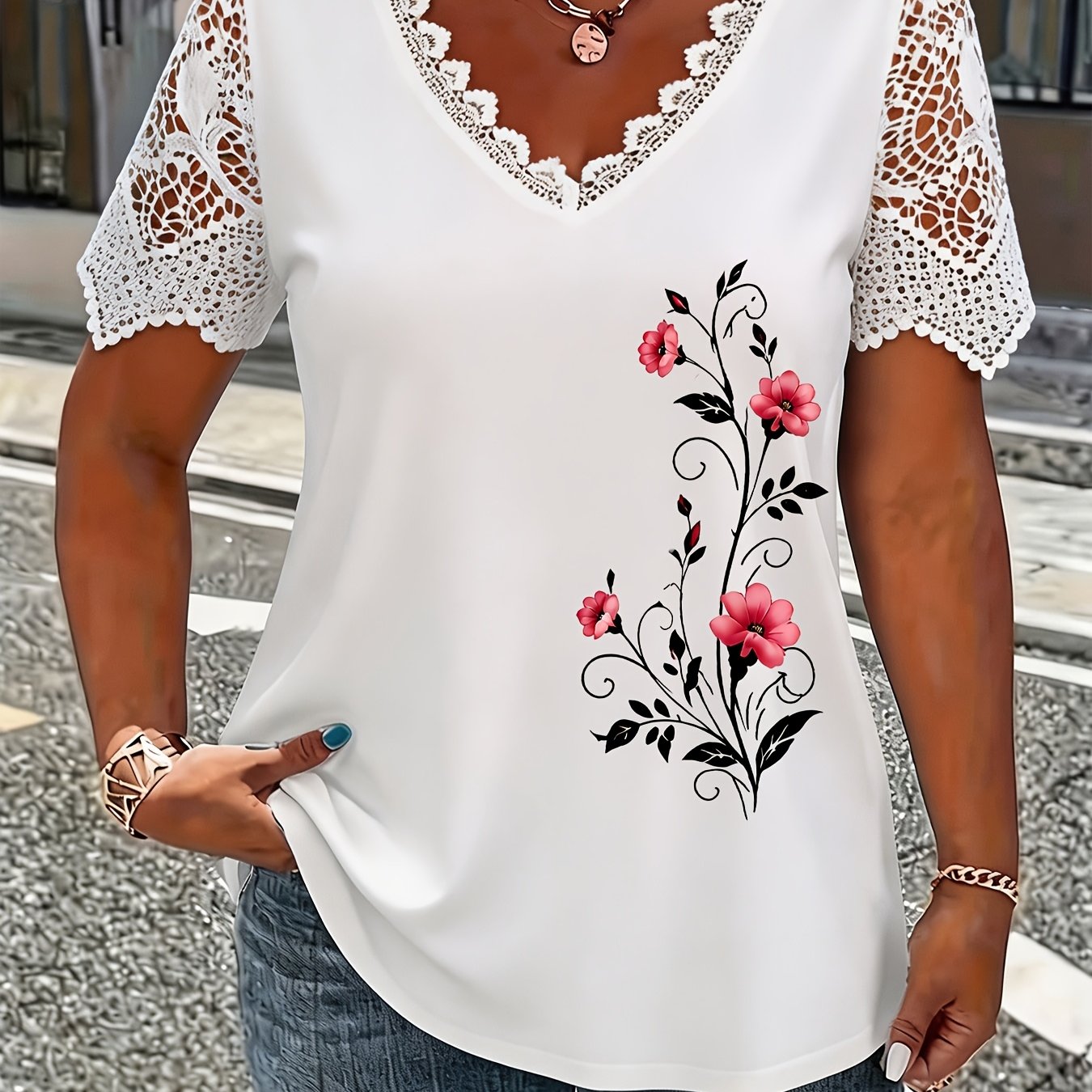 TEMU Plus Size Lace Trim Women's Summer V-neck T-shirt Tummy Control Top