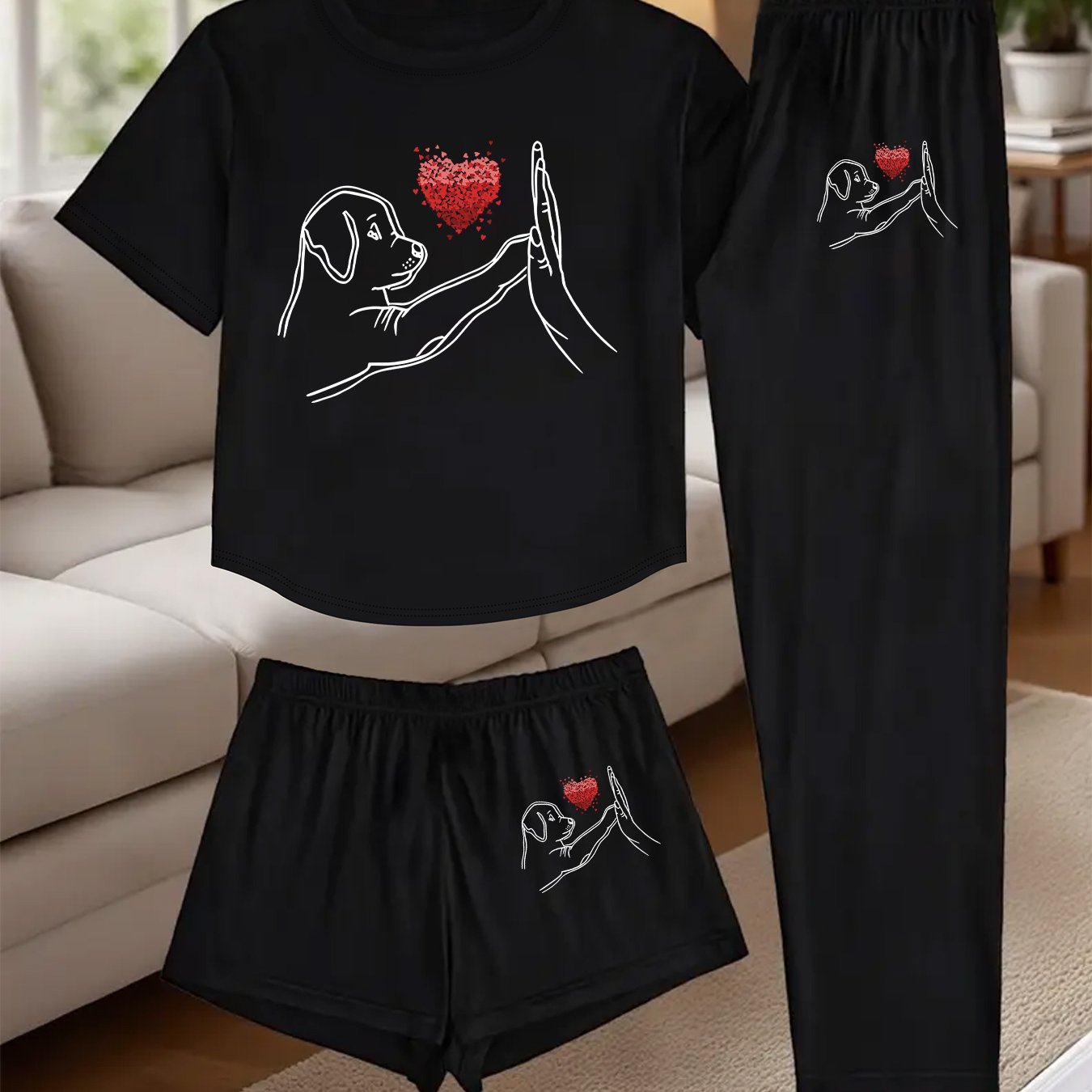 TEMU (1002#3pcs Set) Women's 3pcs Set, Heart Puppy Print Pajama Set, Short Sleeve And Long Pants 2pcs Set, Comfortable Loungewear