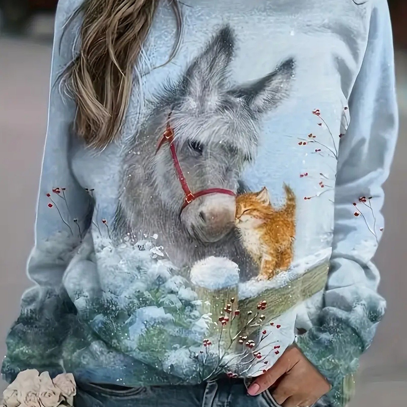 TEMU Christmas Themed Hoodie, Horse Print Long Sleeve Round Neck, Casual Round Neck Long Sleeve Top, Stretch Fabric Pullover, Suitable For Holiday