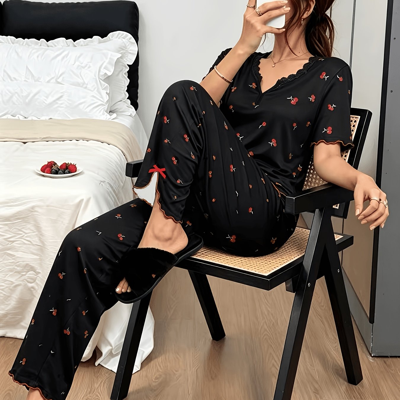 TEMU Kirschmuster Spitzen Patchwork V-Ausschnitt Kurzarm T-Shirt und Damen Freizeit Pyjama Set, Frühling/Herbst Stil Einfache