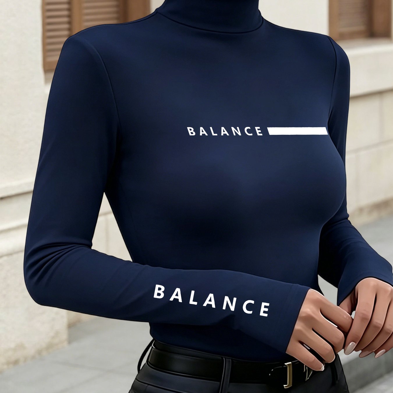 TEMU Minimalist Style Horizontal Line Letter Print Half-turtleneck Base Layer Top, High-stretch, Body-hugging,, Daily Long-sleeve Top