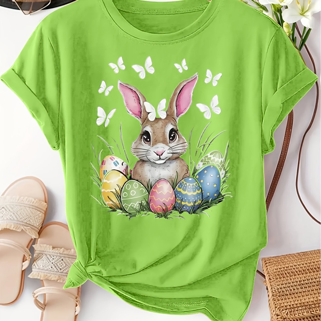 TEMU Women's Easter Bunny Pattern T-shirt - Soft Pink Short Sleeve Tee With Cute Bunny And Egg Design, Casual , Spring Fashion | Vintage Graphic