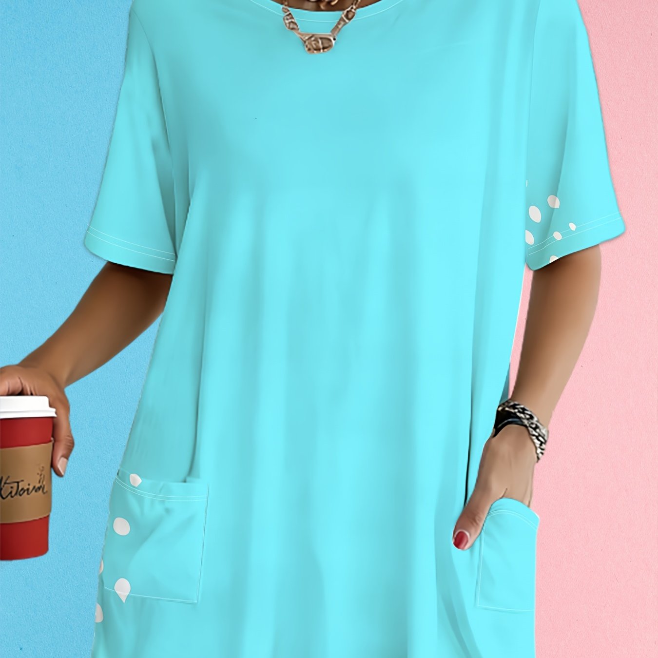 TEMU Plus Size Women's Fresh Polka Dot Print Round Neck Short Sleeve With Pocket Sporty Casual Comfortable Summer T-shirt