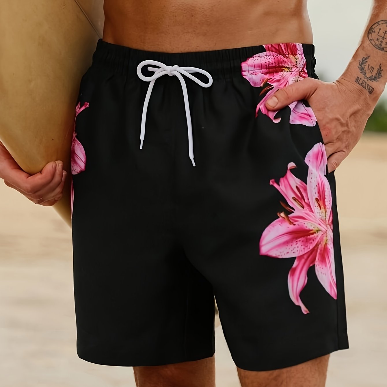 TEMU Men's Beach Shorts Black With Floral Print Quick Dry Swim Trunks For Summer Beach Vacation Swimming Surfing Casual Wear - Printed Design - Not