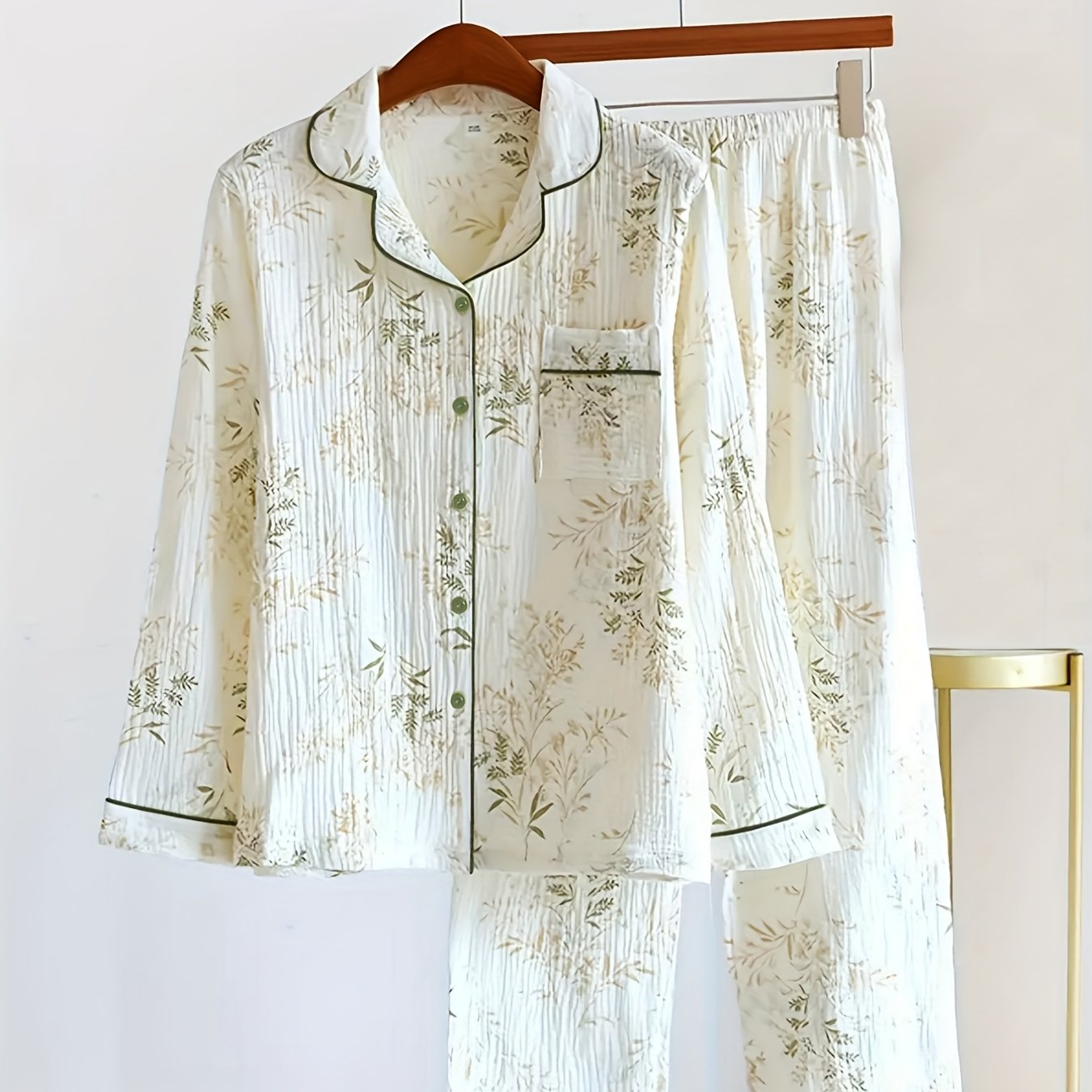Bubble Wrinkle Floral Print Long Sleeve Long Pants Pajama Set