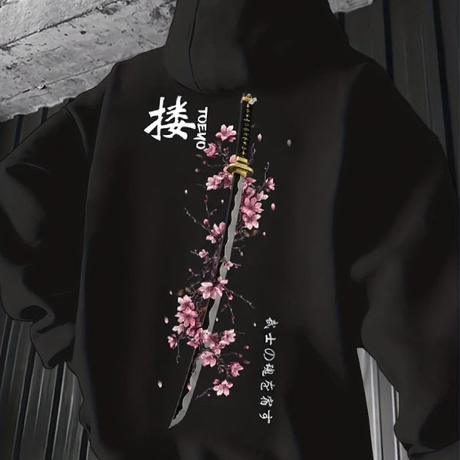 Image of Men's Polyester Black Hoodie, Unique & Pink Cherry Graphic Print With , Comfortable Pullover Hoodie With Hood, Multiple Sizes , Perfect For Outdoor Activities & Daily Casual Wear