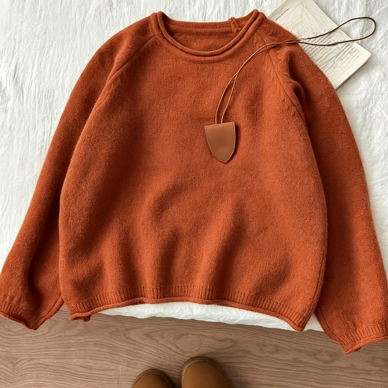 TEMU Women's Pumpkin-colored Soft Puffy Off-shoulder Round Neck Sweater, Solid Color Loose Basic Long Sleeve Pullover, Meillard Autumn Winter Casual