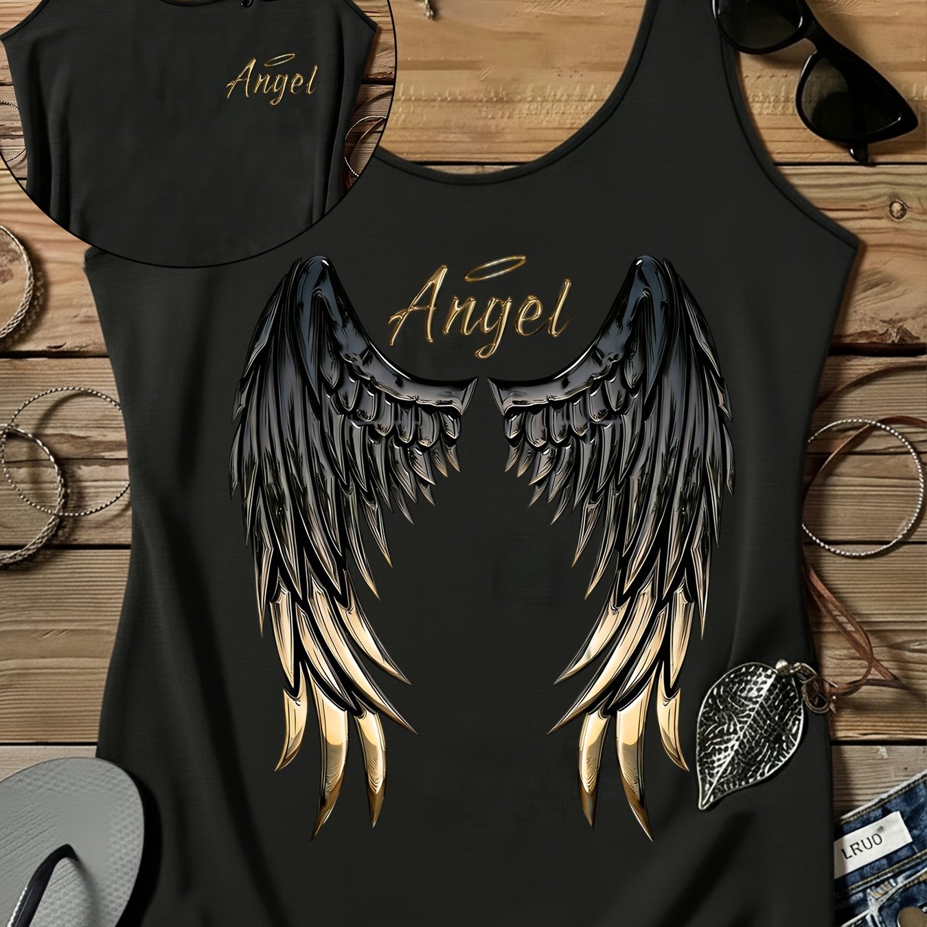 Image of Soft Fabric Women's Vest | Black With Black And Golden Wings Print | Design | Sleeveless Fitted Top