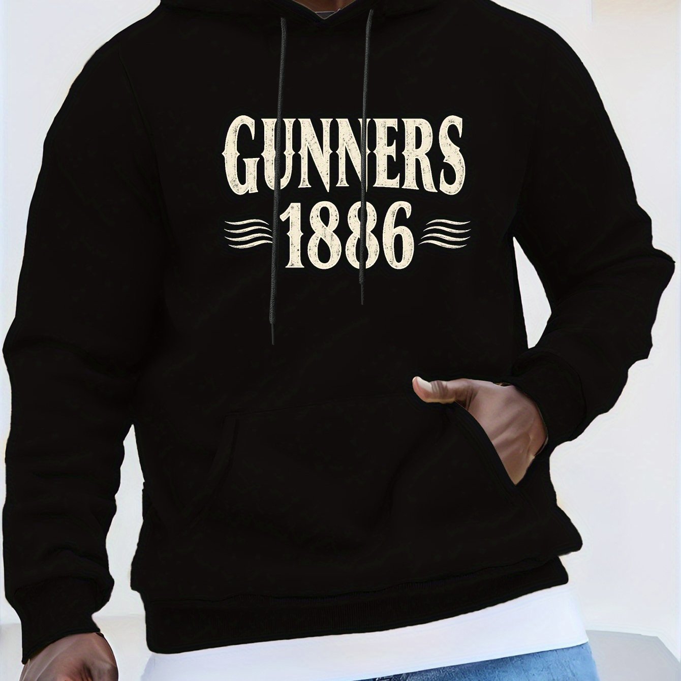 TEMU Men's "gunners 1886" Vintage Hoodie - Black Casual Loose Fit, , Long Sleeves, Non-stretch Fabric, Casual Wear Hoodie, Vintage Print Hoodie,