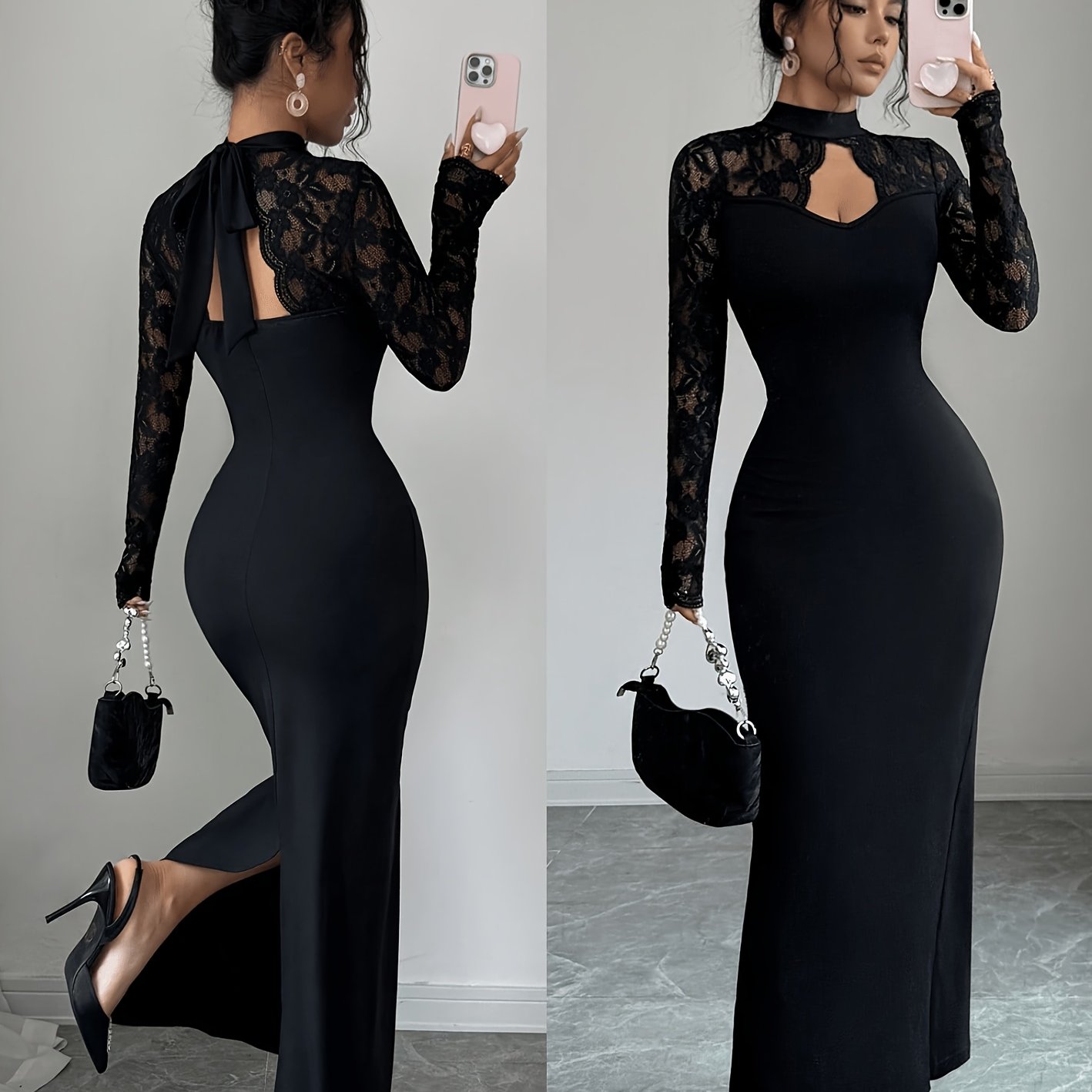TEMU robe de automne-hiver, manches longues, patchwork de dentelle, cœur, dos avec détails de , robe noire en dentelle et collier pour femmes