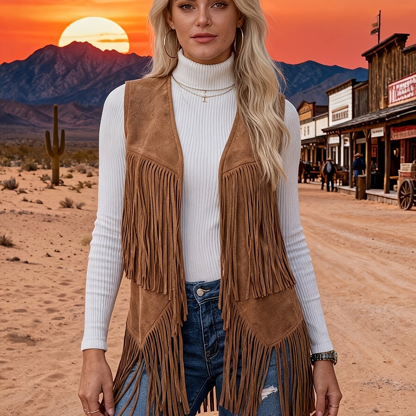 Women's Vintage Western Suede Velvet Sleeveless Open Front Cardigan Jacket