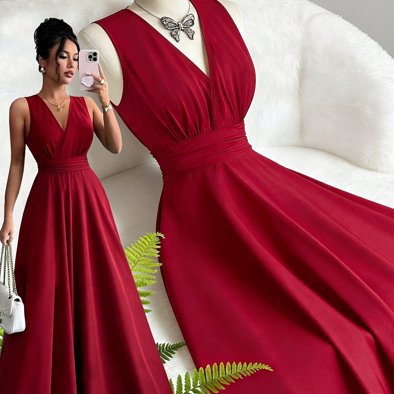 TEMU Internet-famous Hot V-neck Vacation Maxi Dress, High-waisted Waist-cinching Flowy Long Dress, Summer Vintage Style Versatile Dress For Beach,