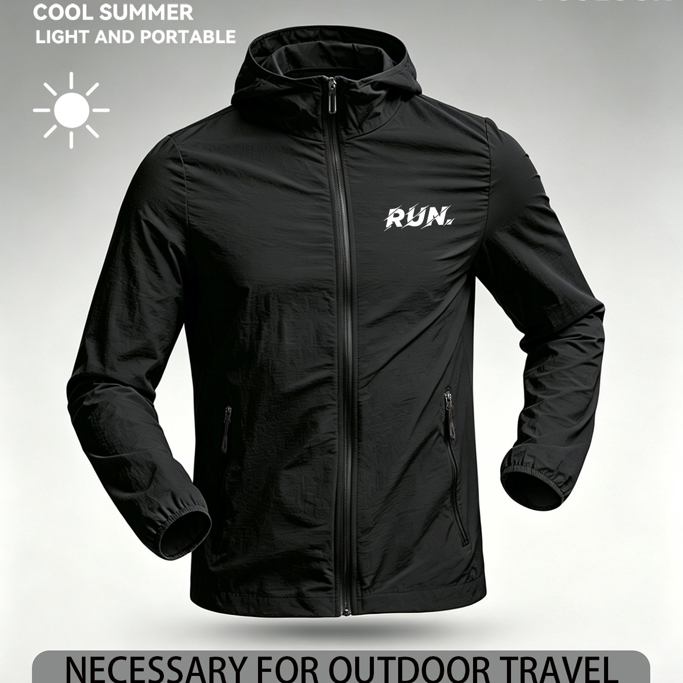 TEMU Minimalist Trendy Style "run Letter Print" Men's Summer Lightweight Hooded Skin Suit, Daily Outdoor Outing Outfit, Thin Breathable Quick-dry