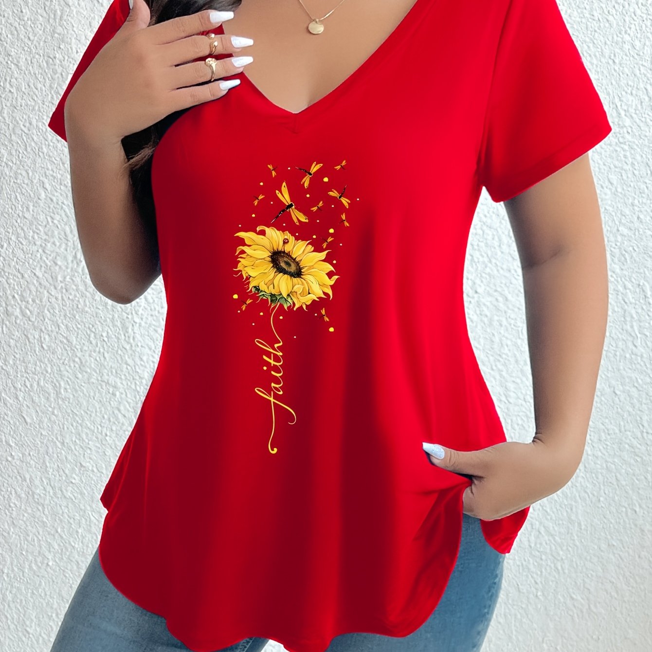 TEMU Plus Size, New Plus Size Printed Short Sleeve T-shirt Women's Casual V-neck Loose Comfortable Versatile Top