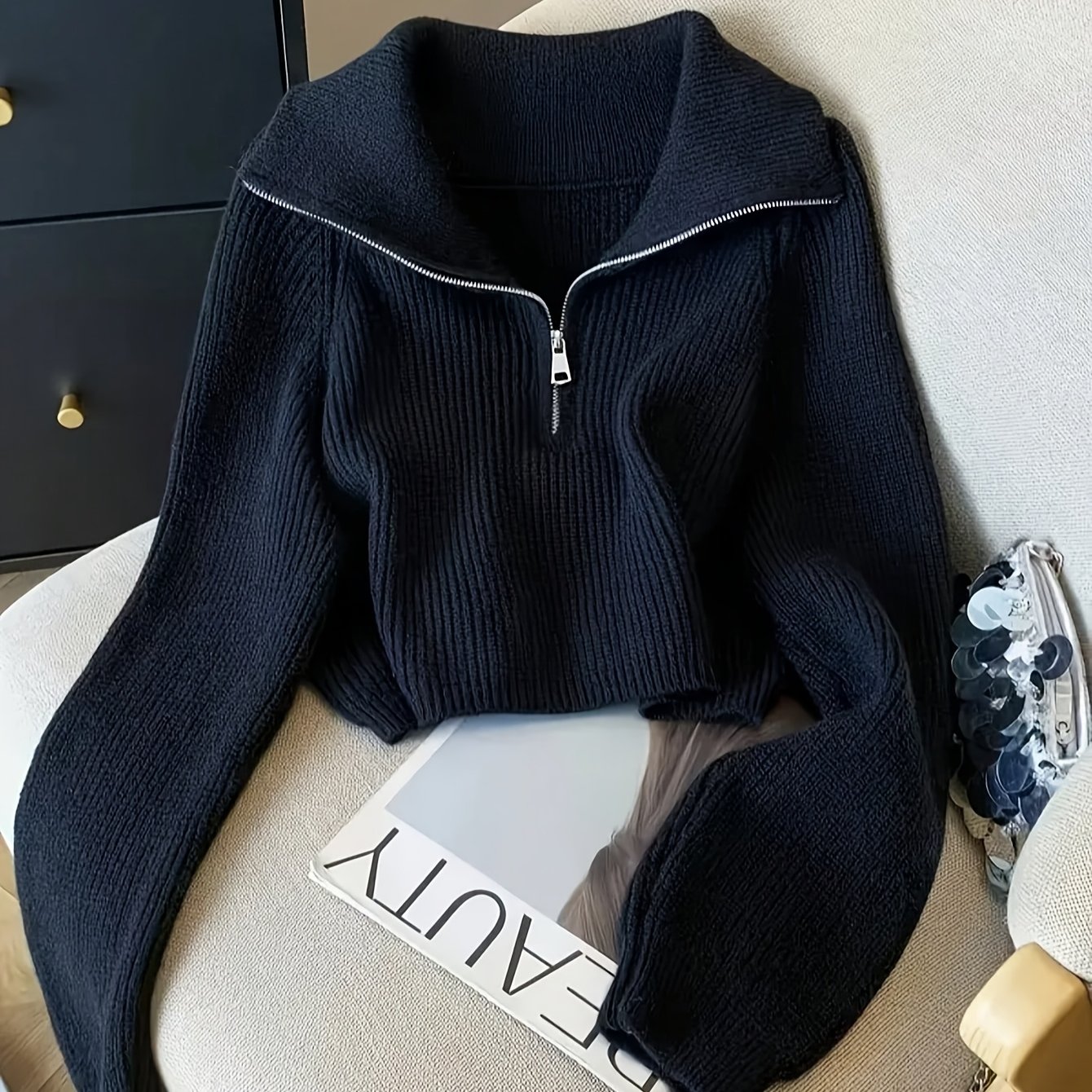 TEMU Women's Cropped Half-zip Sweater, Plush High-waist Mock Neck Pullover, Thickened Thermal Top For Fall Winter Casual Outfits