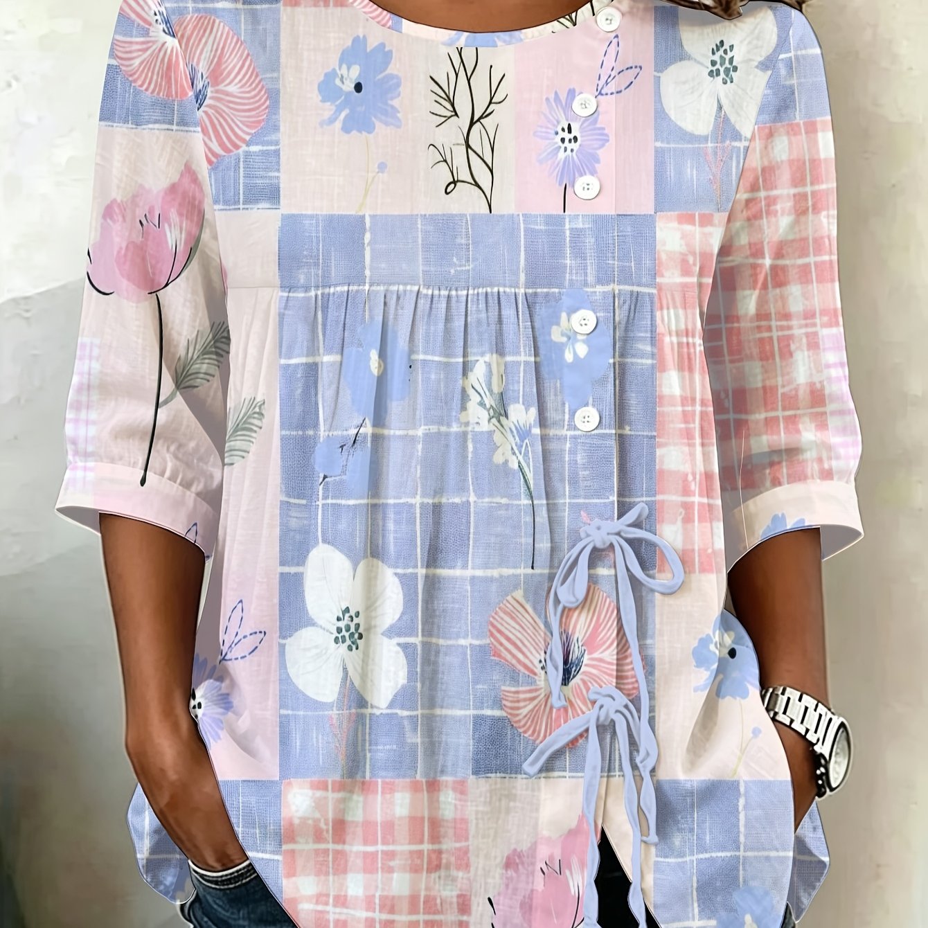 TEMU Grande Taille - Haut Patchwork Floral Femme Grande Taille à Lacets Long Vêtement Oversized pour Printemps Été Tendance à Carreaux et Imprimé