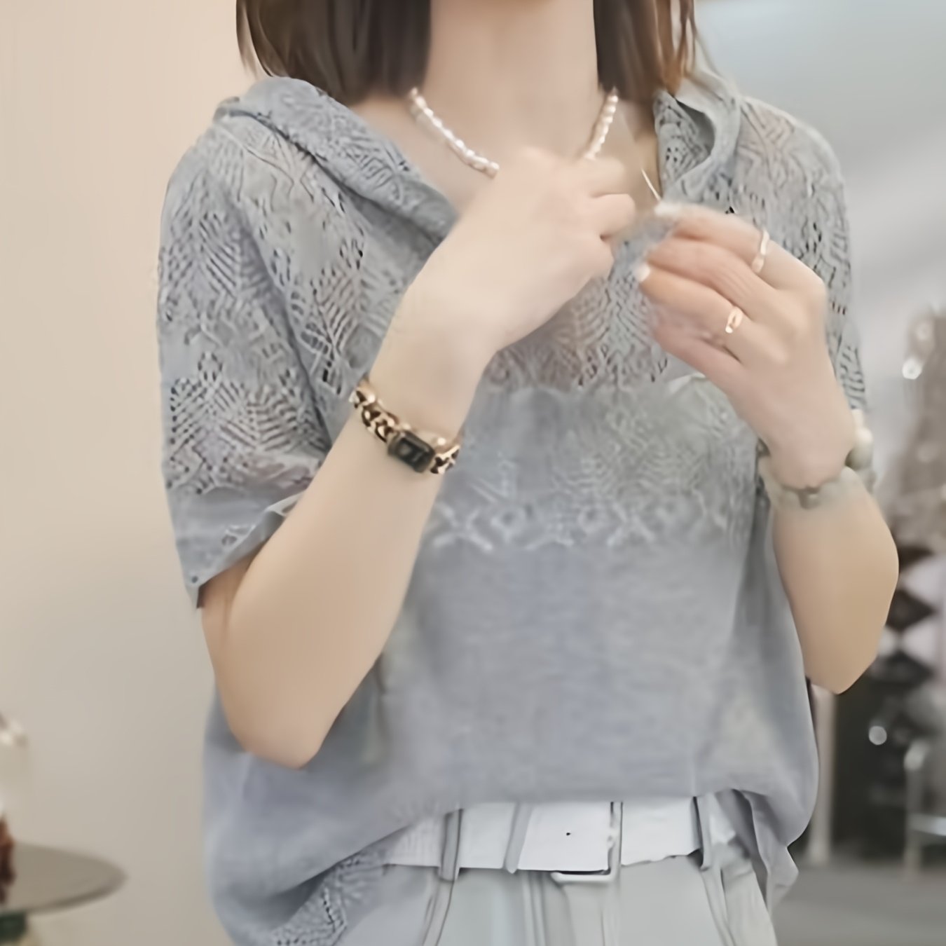 TEMU 夏用 フード付き かぎ針編み 透かし編み 半袖 プルオーバー ゆったり 気品のある 万能ファッション 通勤用 薄手 レディースシャツトップス