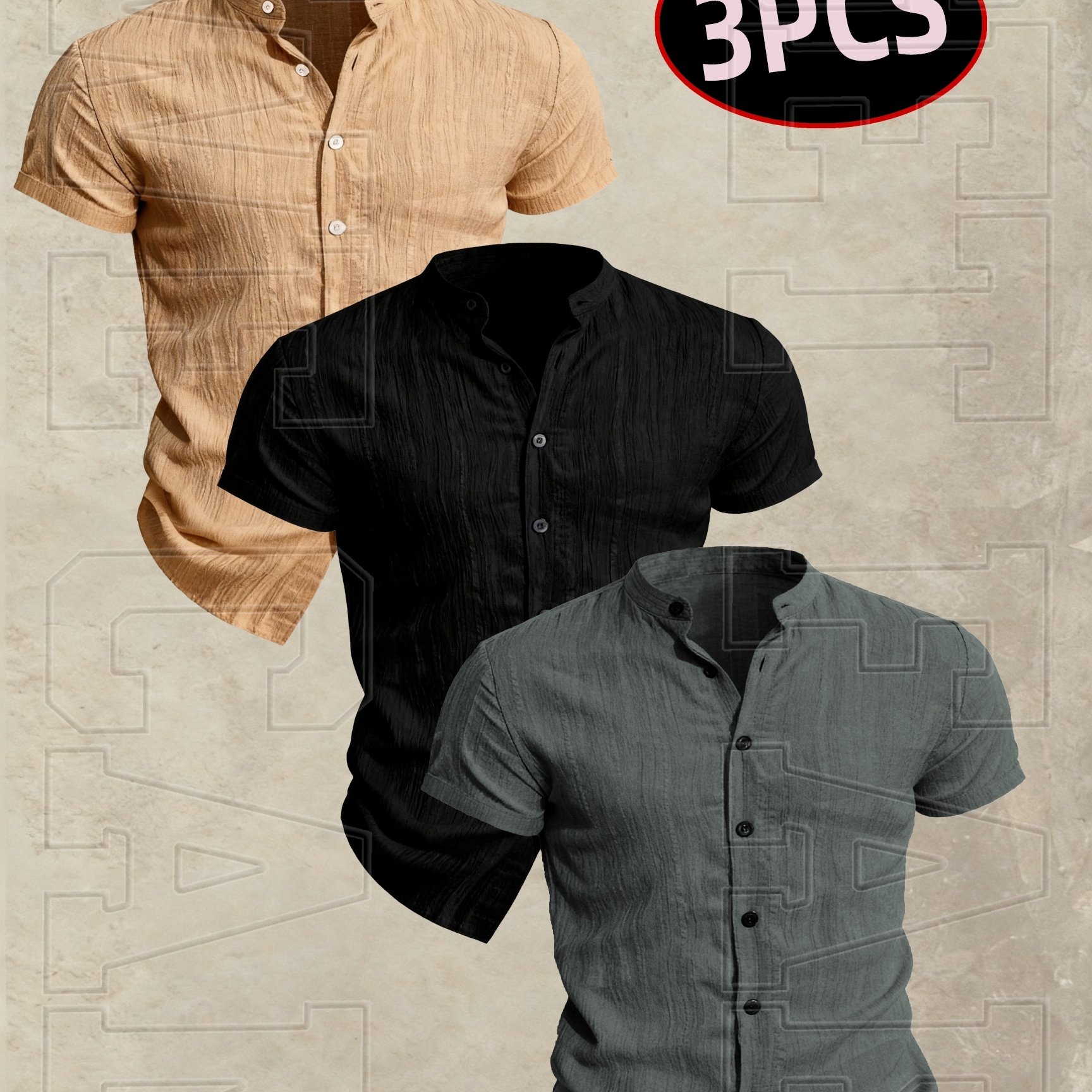 TEMU Rose OBM Conjunto de 3 piezas de camisa cárdigan de manga corta para hombre - y transpirable con cuello frontal, color liso, ropa de playa