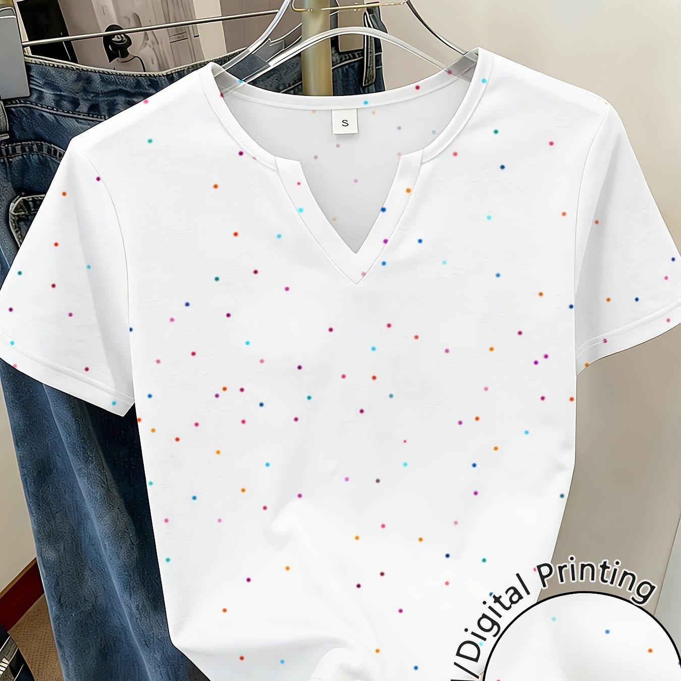 TEMU Polka Dot V-neck Short Sleeve Women's Summer Loose Versatile Casual Top Fashion Wear Comfortable Breathable Design Sense Niche Fashion Item