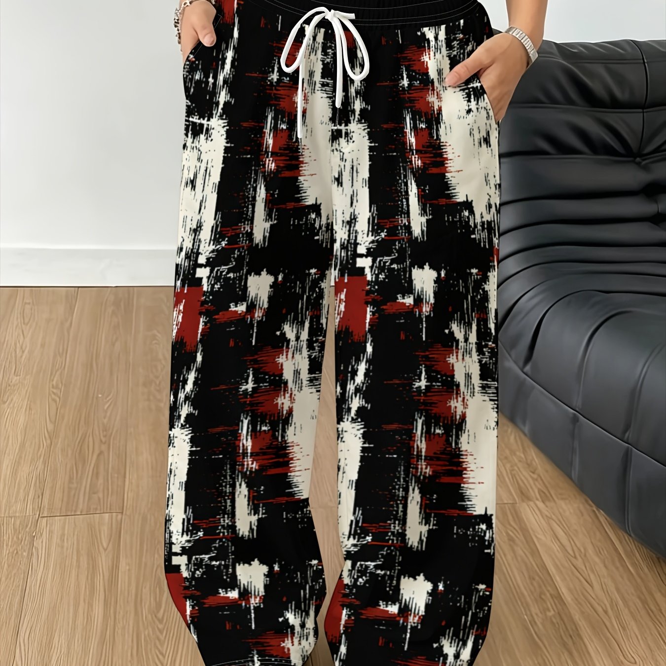TEMU Women's Wide-leg Pants With Abstract Graffiti Print - Straight Leg Trousers Suitable For Casual Outdoor Wear, Elastic Drawstring Waist, Themed