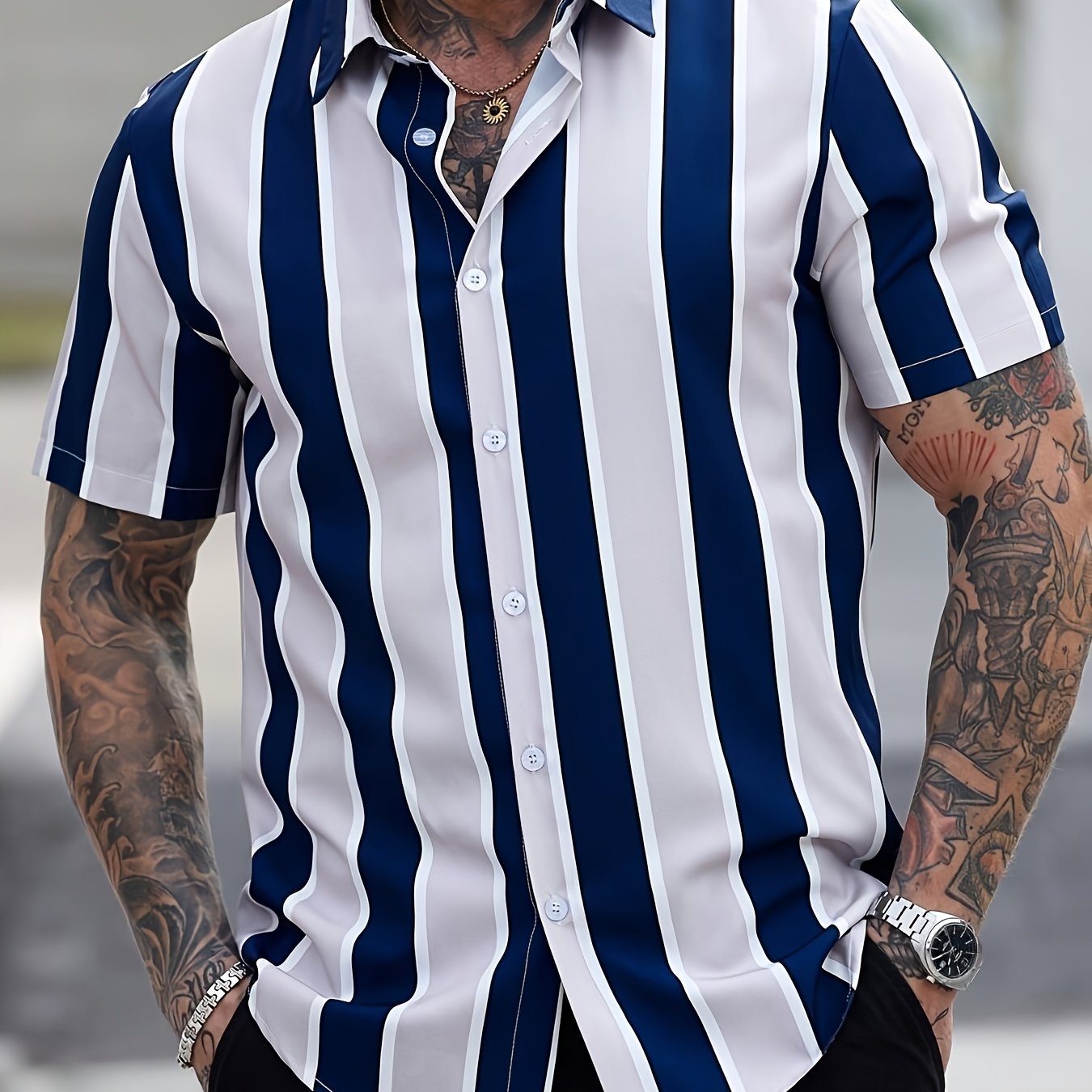 TEMU Men's Hawaiian Casual Vacation Striped Short-sleeve Button-up Shirt