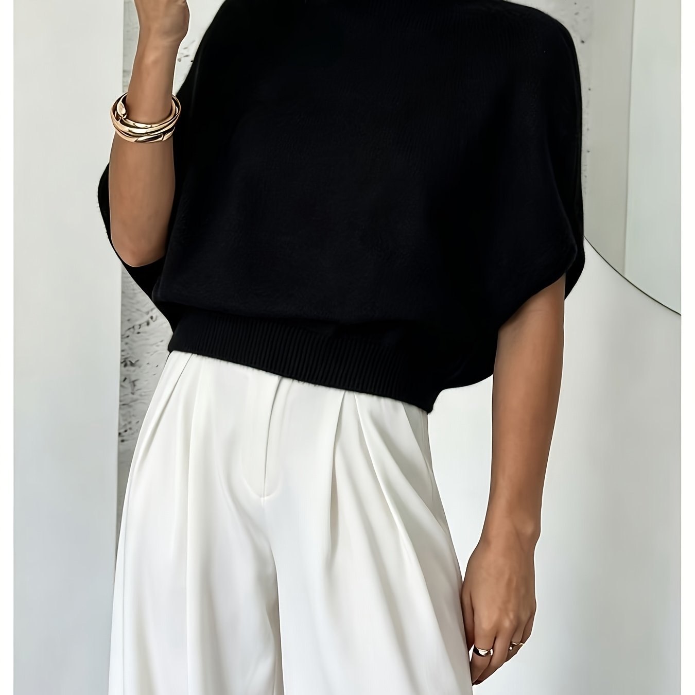 TEMU Damen-Crop-Top mit hohem Stehkragen Fledermausärmeln, dehnbar, mit gekürztem Saum, lockere Passform, elegantes Büro-Pullover-Shirt
