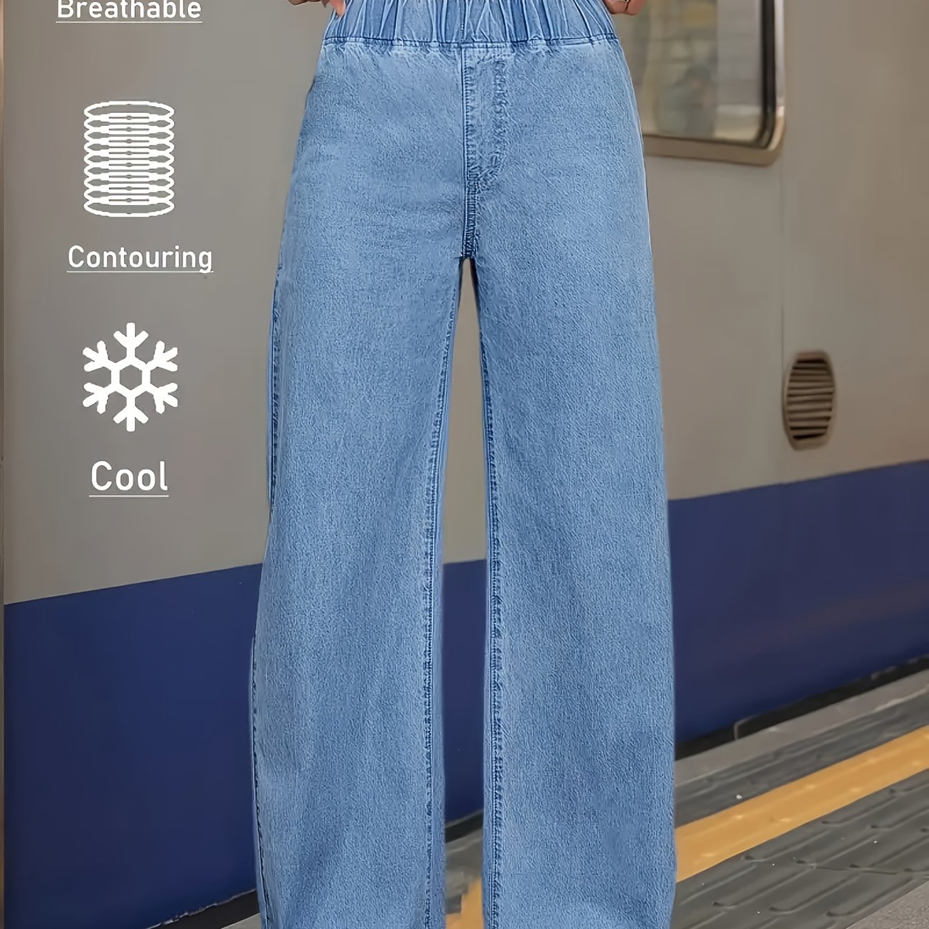 Women's Jeans Wkwb, Elastic Waistband Design, Non-stretch, Versatile Casual Multi-functional Elastic Waist, Loose Wide-leg, Light Blue, Thin Fabric, Regular Fit Jeans For Daily/holiday/summer