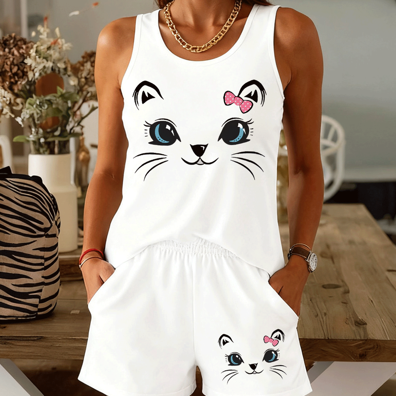 TEMU Bow Knot Cute Cat Vest Two-piece Set, Sleeveless Shorts Outfit, Comfortable Women's Fashion Clothing - Soft, Breathable, Machine Washable, For