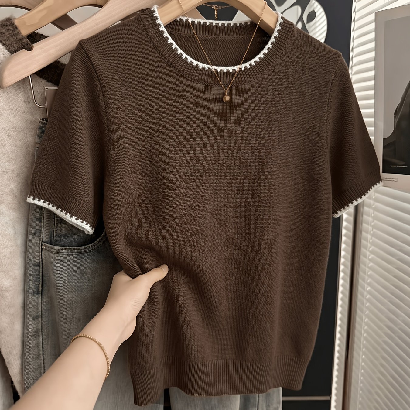 TEMU 2026 Early Autumn Meleard Style Contrast Lace Round Neck Short Sleeve Top Women's Soft Breathable Slim Short Length Versatile Commute Pullover
