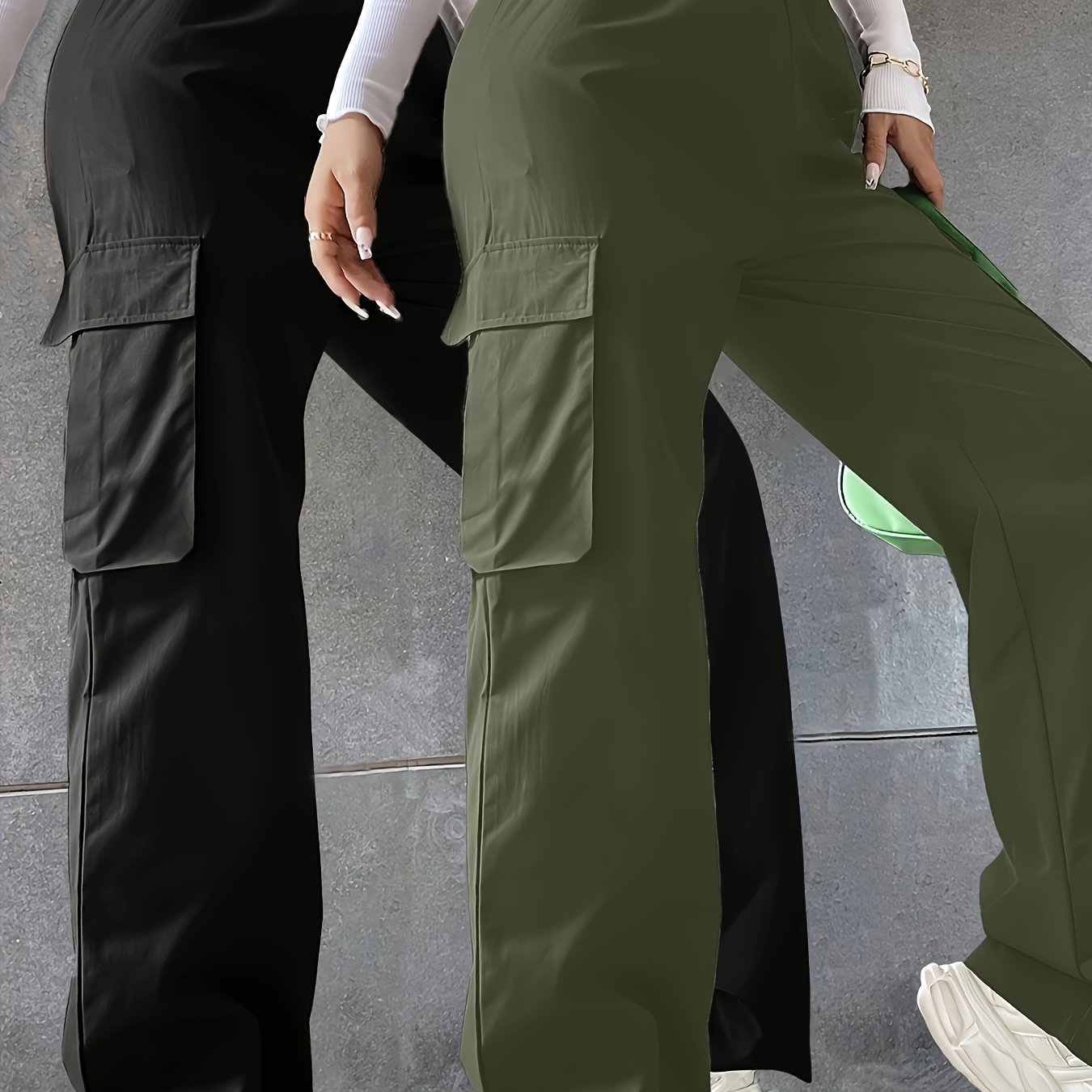 TEMU 패셔너블하고 활용도 높은 대용량 포켓 블랙 + 밀리터리 그린 카고 팬츠 투팩