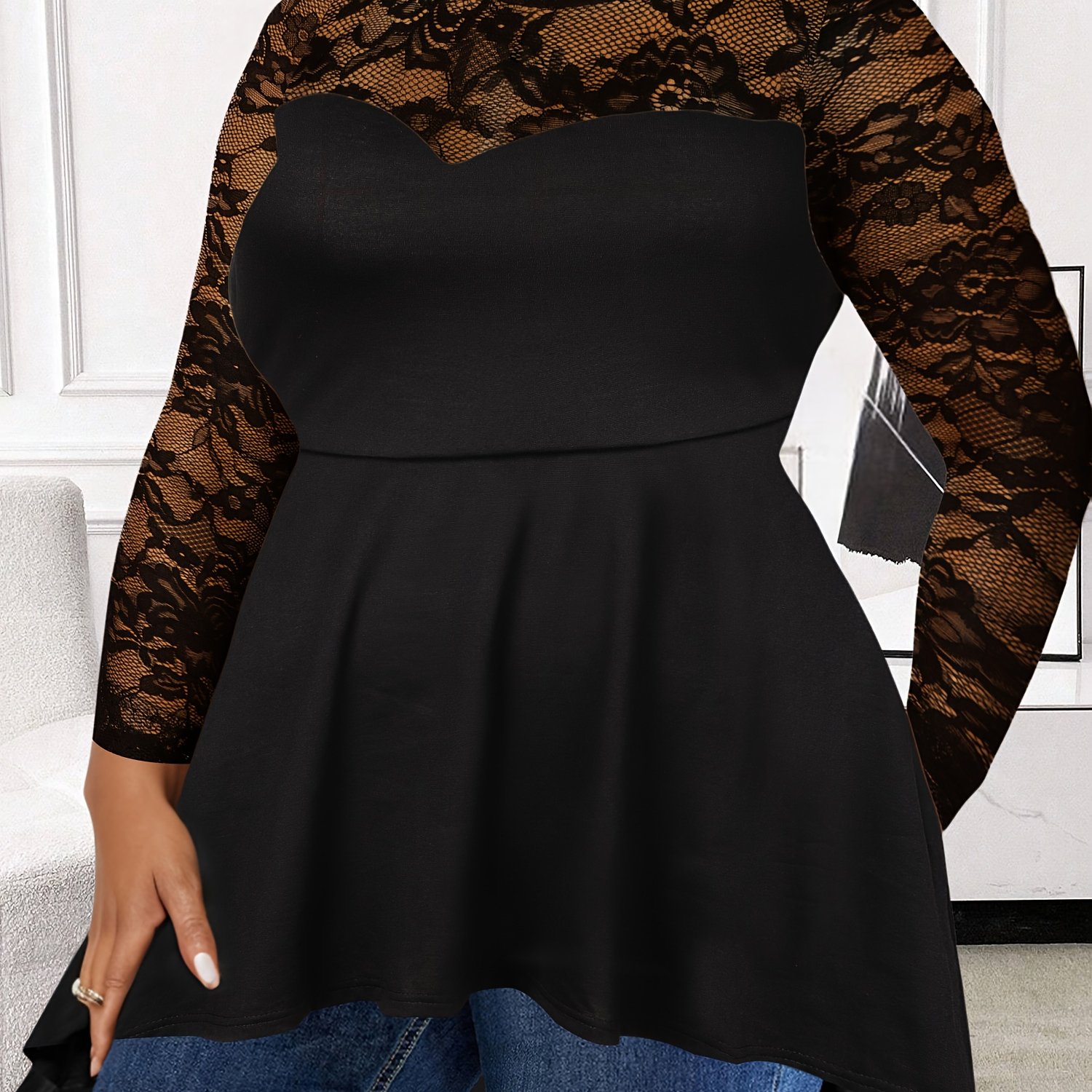 Plus Size - Plus Size - Plus Size Women's Elegant Long Sleeve T-shirt Blouse - Lace Tunic Top With Asymmetrical Hem For Spring And Fall