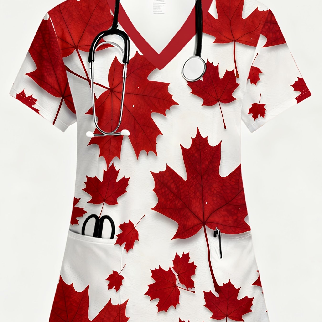 TEMU 1pc Uniforme d'infirmière imprimé à col en V tendance pour femmes, Uniforme d'infirmière d'automne Rouge Érable Feuille Imprimé Intégral Base