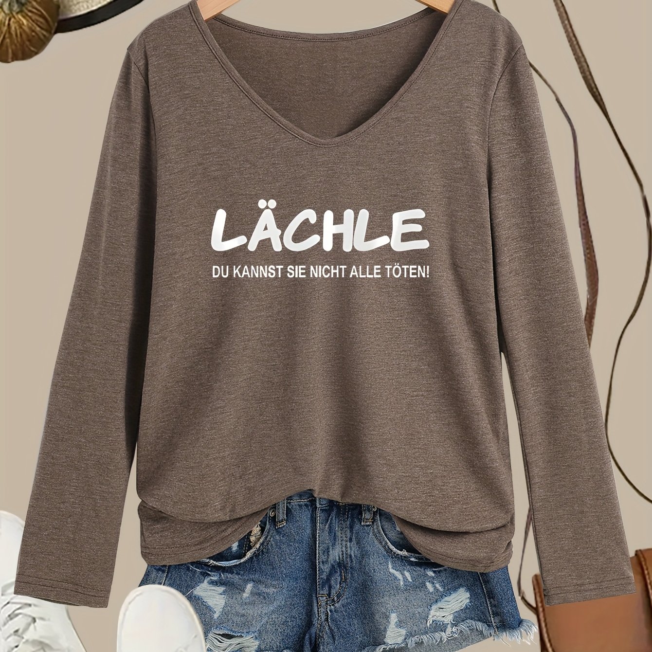 E-shop Farblich bedrucktes, elastisches, bequemes, lässiges Langarm-T-Shirt mit V-Ausschnitt_4840
