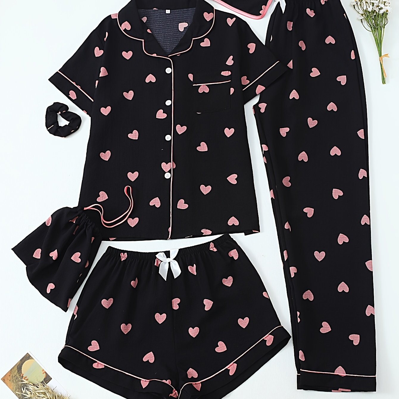 TEMU Six-piece Set Of Women's Bubble- Pajamas With A Black Heart Print