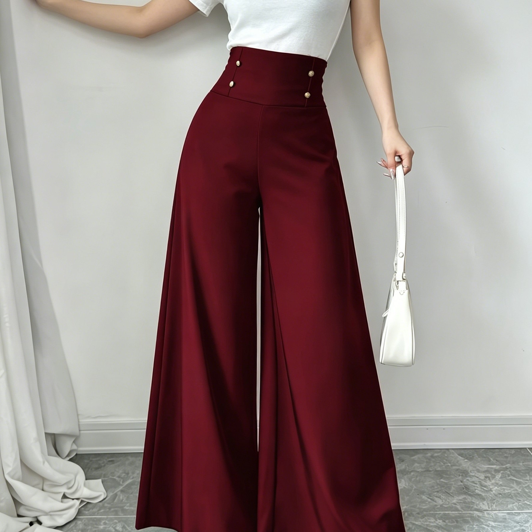 TEMU Elegant High-waist Wide Leg Pants For Women - Burgundy Solid Color With Double-breasted Detail, , Machine Washable, Perfect For Spring Office Or