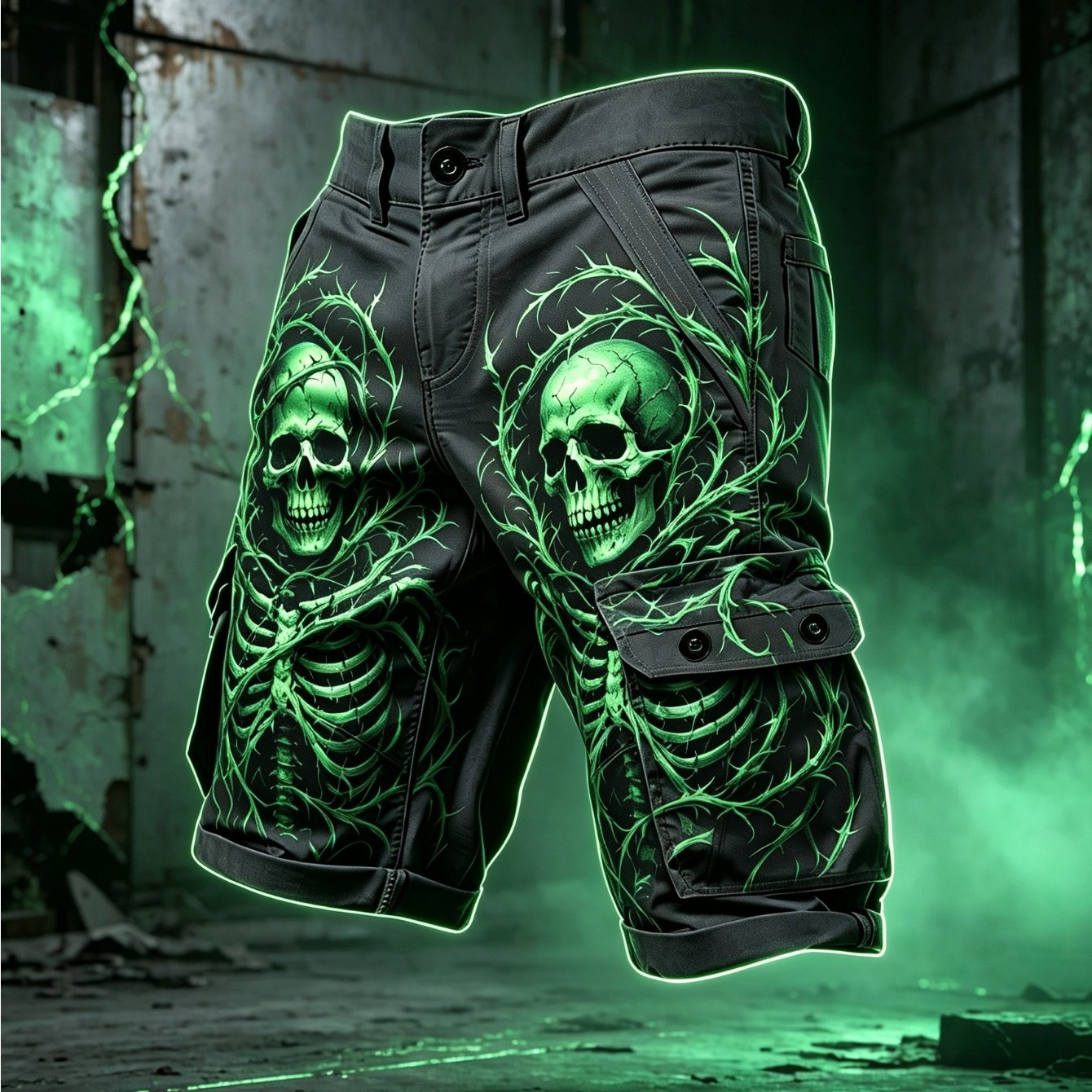Image of 1pc Men's Gothic Punk Cargo Shorts With Neon Green Skull & Thorn Print - Multi-pocket Outdoor Shorts Suitable For Streetwear,, Parties, Belt Not Included (machine Washable, Regular Fit)