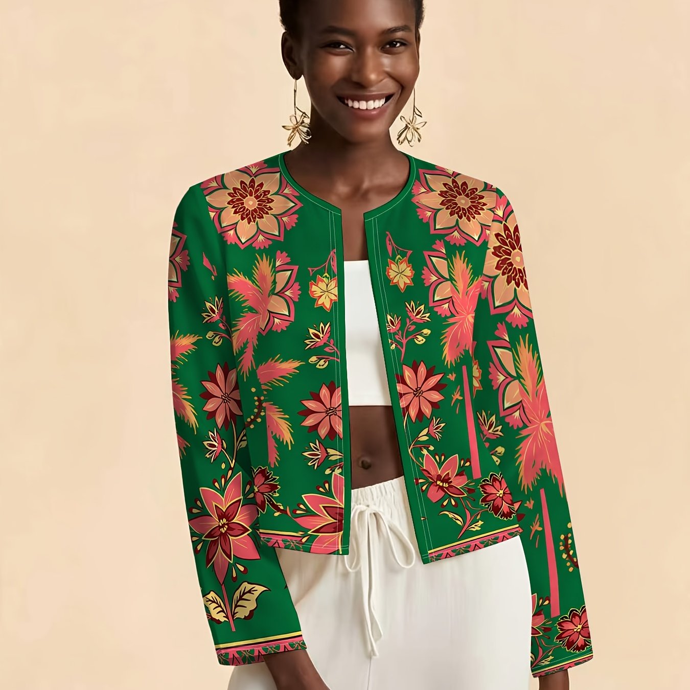 TEMU Green Floral Pattern Women's Short Cardigan, African Style Casual , Niche Fashion, Fashion Women's Clothing