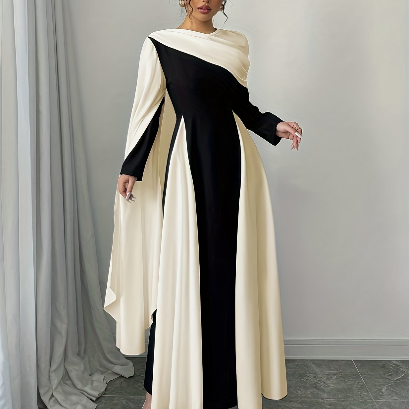 TEMU Dj0518201 Elegant European And American Holiday Party Vacation Black & White Spliced Slit Long-sleeve High-waist Cut Women's Dress