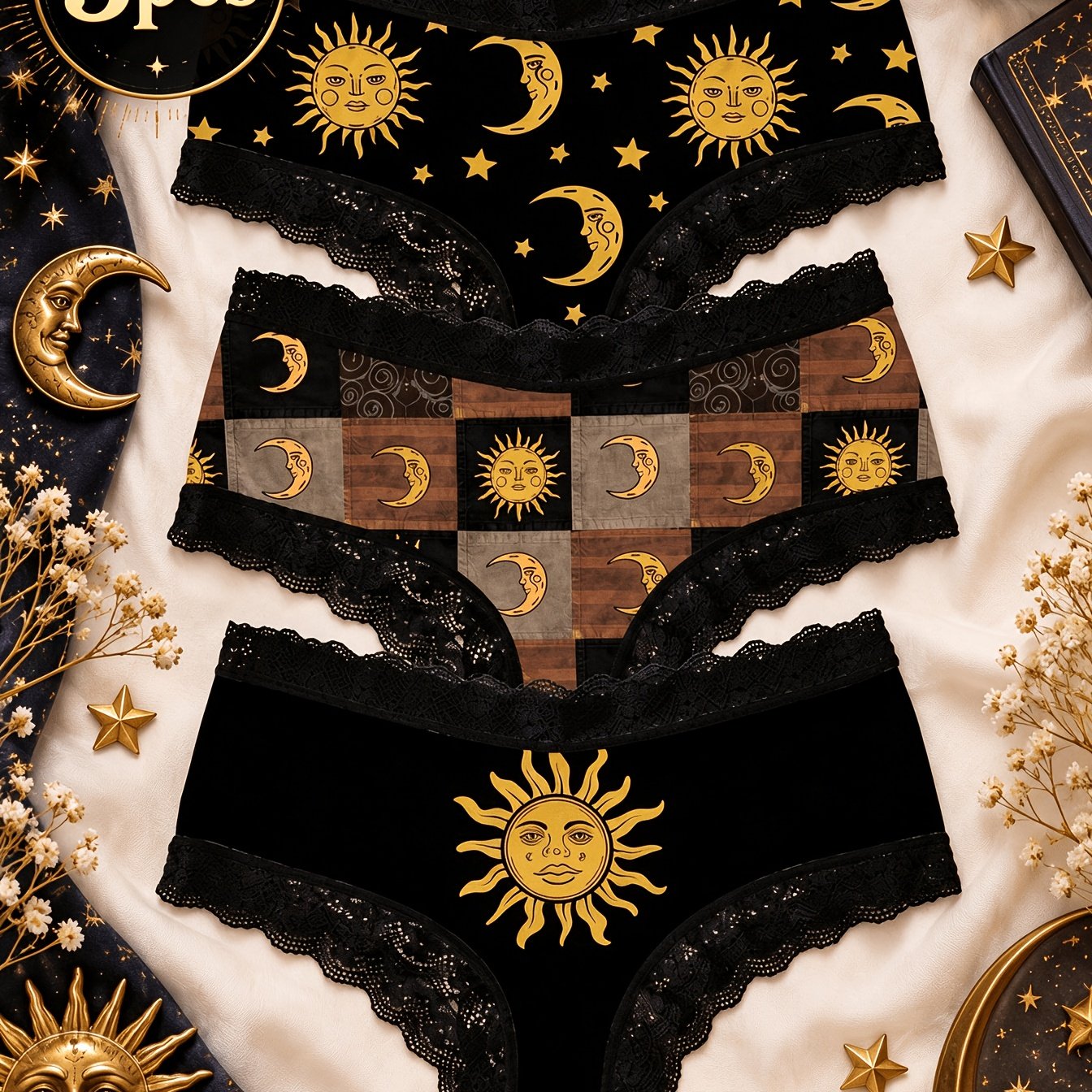 Image of 3-pack Vintage Boho Lace Triangle Panties With Star And , Women's Gift Set, Breathable And Comfortable, Soft And -friendly
