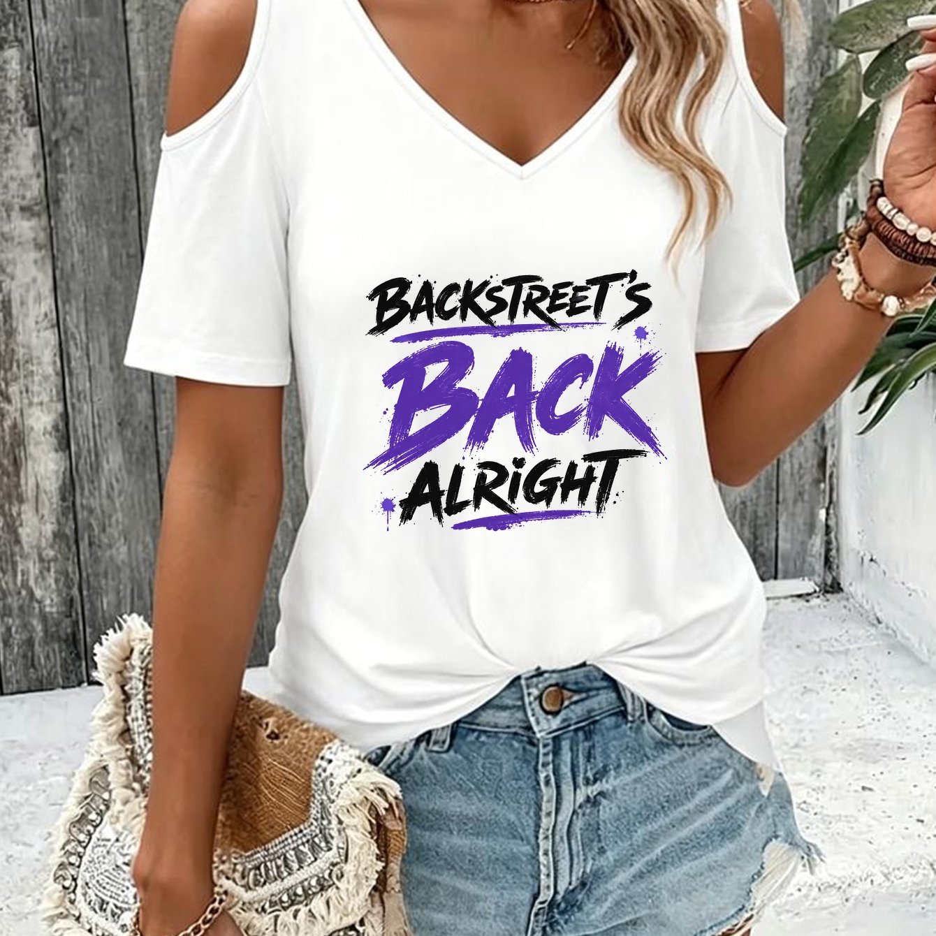 TEMU 1pc Women's Backstreet Tee - Iconic Lyrics Print V-neck T-shirt Suitable For Spring/summer, Retro Gift For Fans, Casual Loose-fit Breathable Top