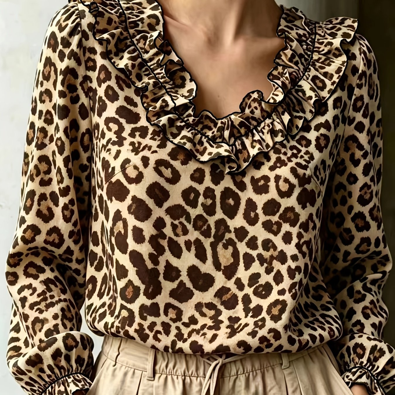 TEMU Plus Size Women's Clothing, Leopard Print French V-neck Puff Sleeve Long Shirt, Stretch Adjustable Cuff Top, Loose Blouse, Breathable