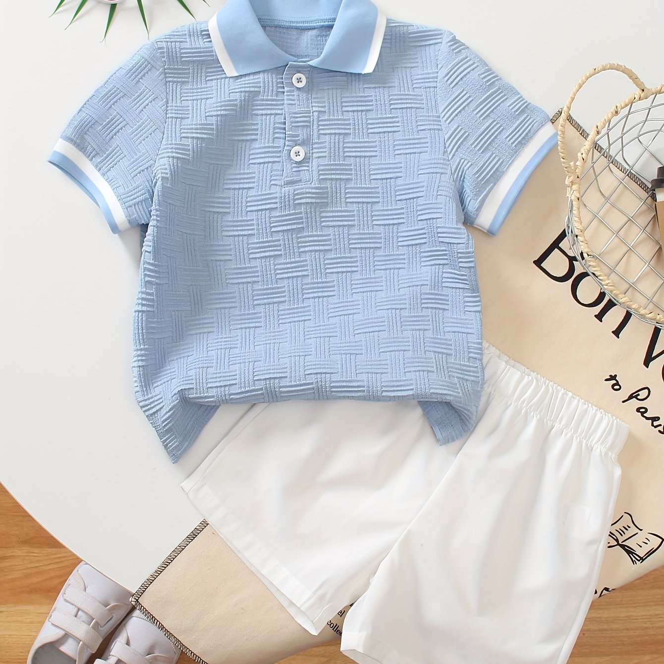 Boys' Casual Flat-front Fabric Collared Top And Solid Color Shorts Set For Spring/summer, Perfect For Outdoor