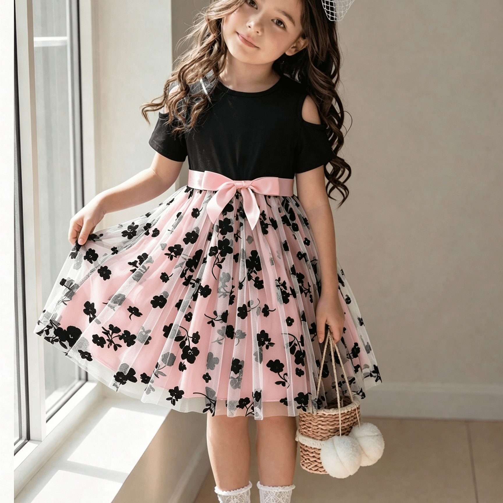 Image of Girl's Elegant Casual Dress, Pink Floral Chiffon Skirt With -shoulder Design And Detachable Pink Ribbon Bow, Outfit Gift For Girls' Holiday And Birthday Parties
