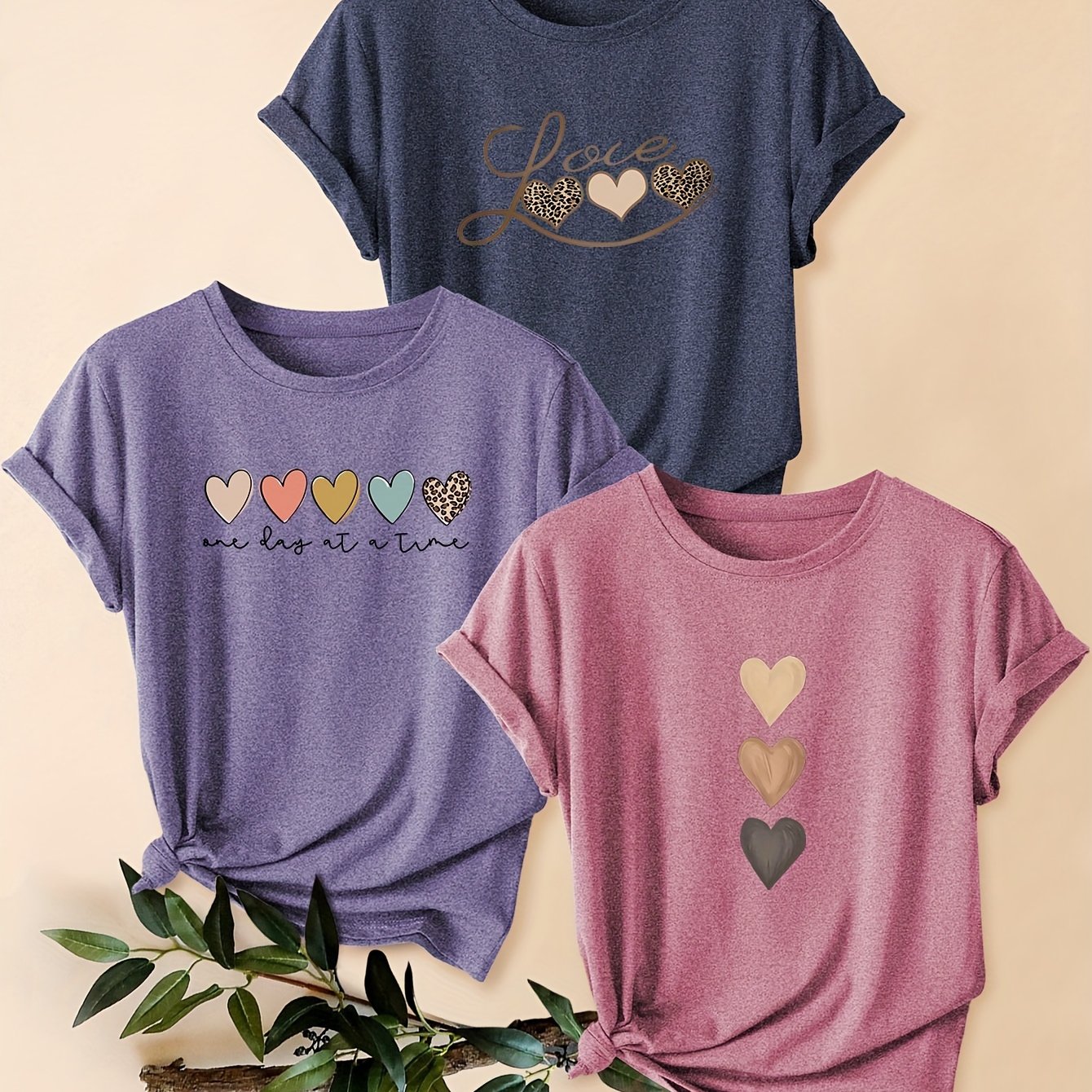 TEMU Mix-and-match Heart Print Fashion Retro Style Women's Summer Casual Sporty Round Neck Short-sleeve T-shirt