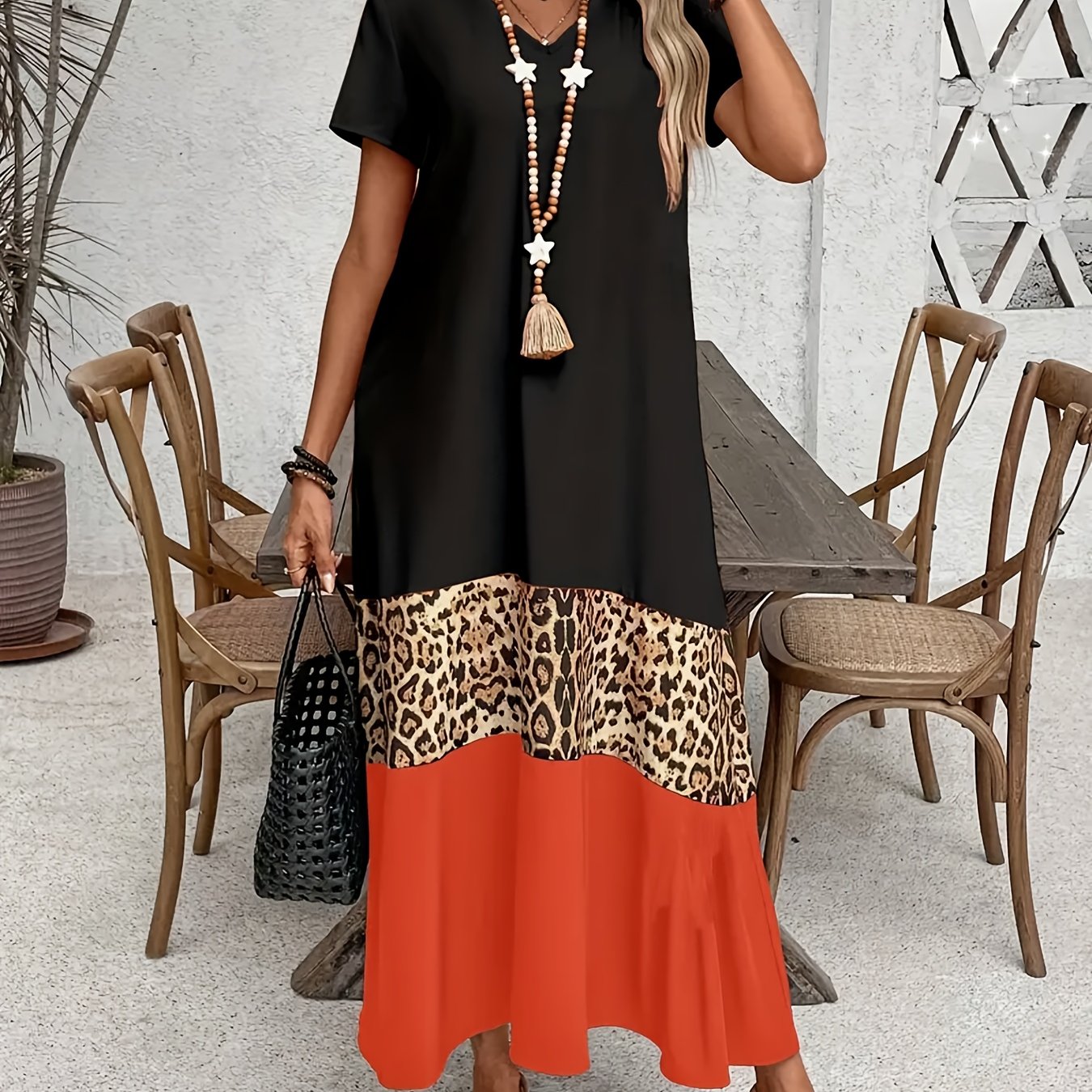 E-shop Plus Size, V-Ausschnitt, Farbblock-Midi-Kleid mit Splicing-Detail